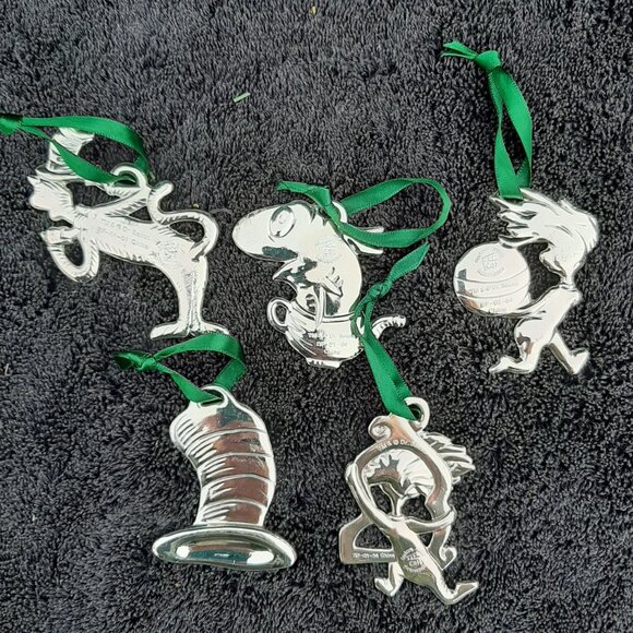 Dr. Seuss Cat in the Hat Set Of 5 Silver Metal Christmas Tree Ornaments No Boxes - Picture 3 of 4